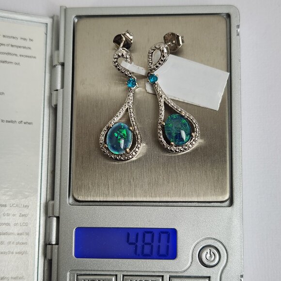 NWT 925 Natural Blue Ridge Opal Triplet & Apatite Art Deco Style Stud Earrings - Picture 13 of 14